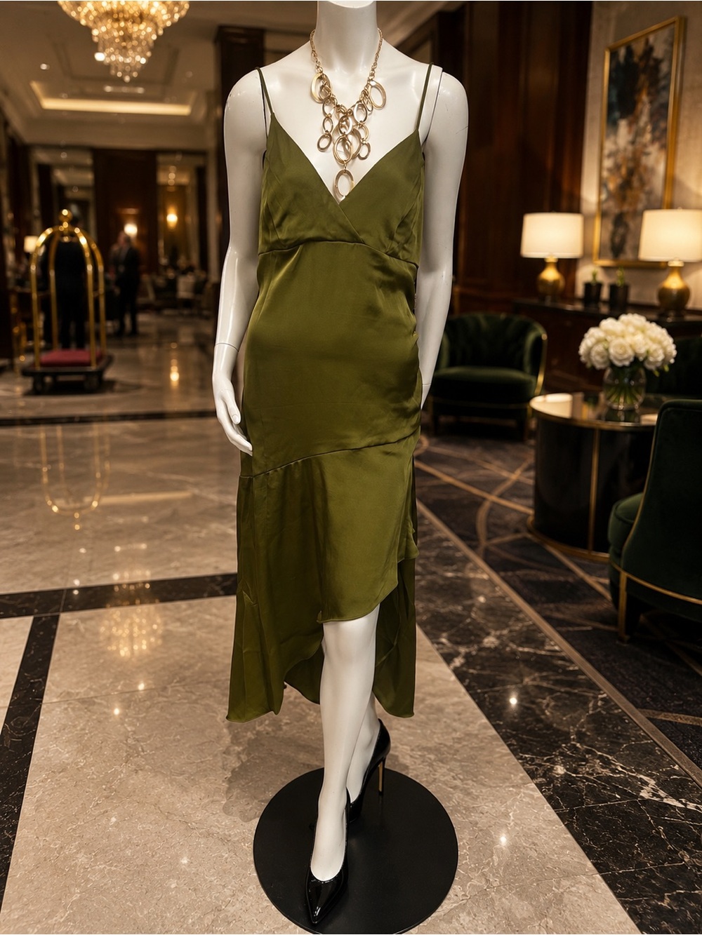 Olive Green Satin Slip Dress - Women